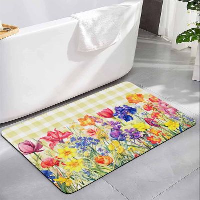 Bath Rugs Bathroom Rug,Watercolor Tulip Flower Blossom Absorbent Diatomaceous Earth Bath Mat Quick Drying Non Slip Shower Mat,Pastoral Botanical Buffalo Plaid Doormat for Bathtub Kitchen Living Room