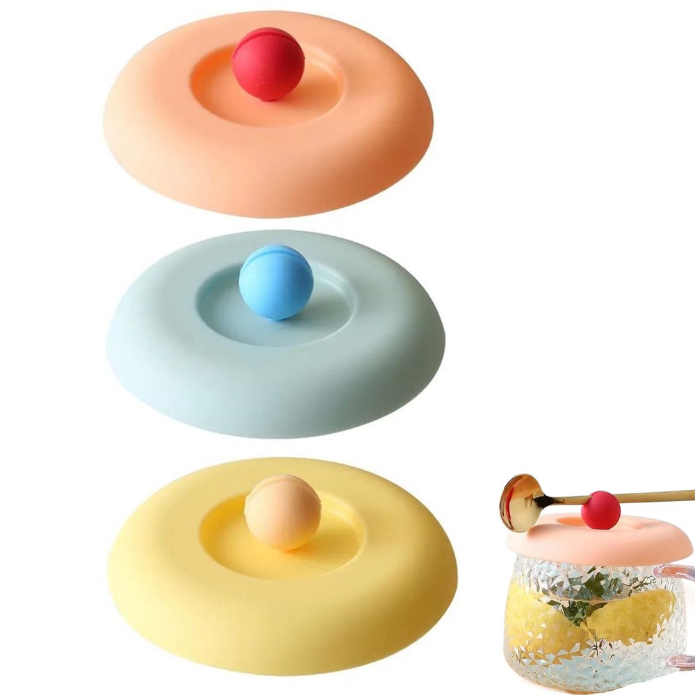 3Pcs Silicone Cup Cover Lids, Dustproof Drinking Cup Cover with Spoon Holder Airtight Seal Mug Covers Heat-Resistant Glass Cup Cap for Mugs,Coffee and Tea Cup