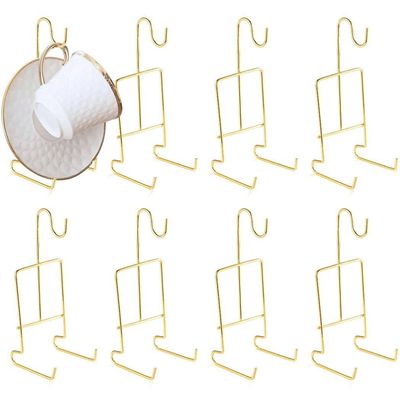 8 Pcs Golden Finish Metal Cup And Saucer Display Stand, Teacup Coffee Mug Organizer Rack For Plates And Tea Coffee Cups
