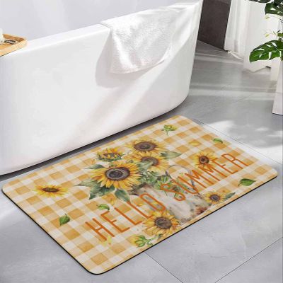 Bath Rugs Bathroom Rug,Summer Retro Sunflower Buffalo Plaid Absorbent Diatomaceous Earth Bath Mat Quick Drying Non Slip Washable Shower Mat,Floral Retro Linen Doormat for Bathtub Kitchen Living Room
