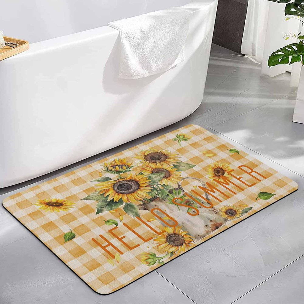 Bath Rugs Bathroom Rug,Summer Retro Sunflower Buffalo Plaid Absorbent Diatomaceous Earth Bath Mat Quick Drying Non Slip Washable Shower Mat,Floral Retro Linen Doormat for Bathtub Kitchen Living Room