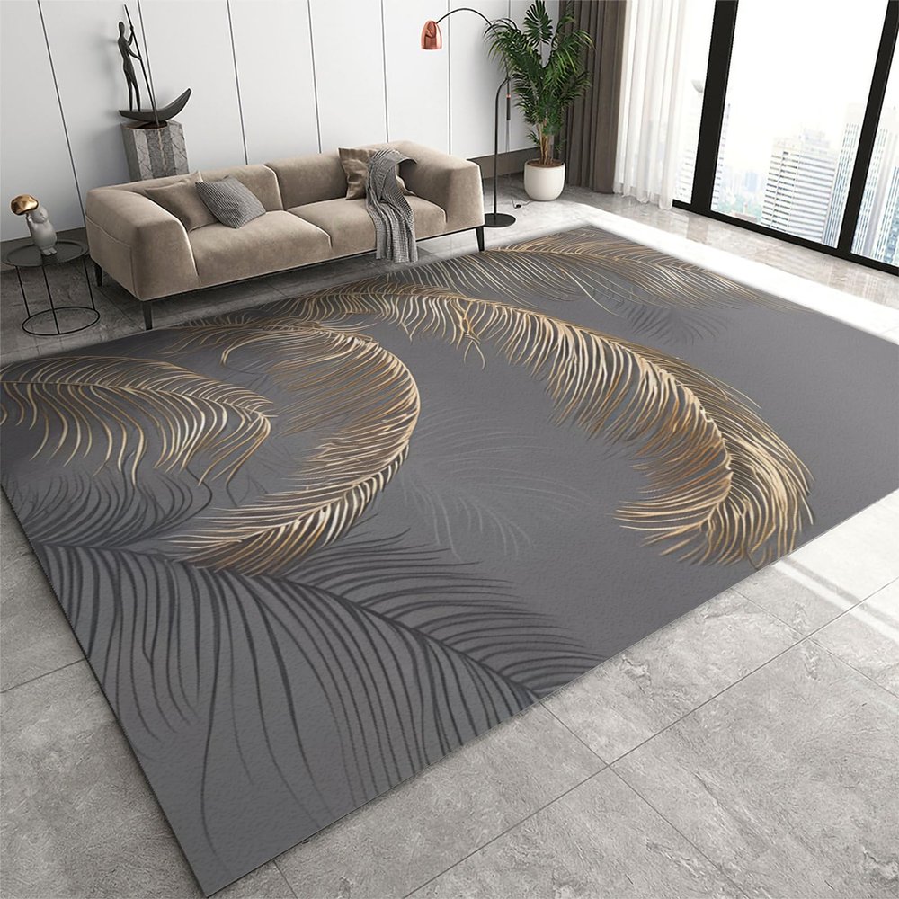 Modern Indoor Area Mat, Abstract Gray Gold Palm Leaves Area Rugs, Rubber Backed Non-Slip Foldable Hardwearing Mat for Family Living Room Bedroom Entryway Hallway Office Porch Study Room 4x5ft