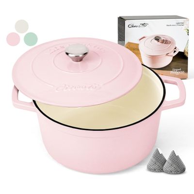 Ciwete 6 QT Dutch Oven Pot with Lid, Enameled Cast Iron Dutch Oven for Bread Making, Braiser, Cooking, Dual Handles, Oven Safe up to 500 F or on Stovetop, Gifts for Family - Pink