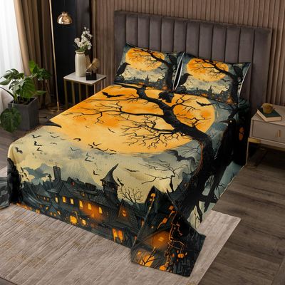 Manfei Black Crow Bedspread King Size,Black Bats Moonlight Halloween Coverlet Set,Girls Boys Women Room Decor,Happy Halloween Western Holiday Quilted Coverlet,Grey Trippy Bedding Quilt,2 Pillowcases