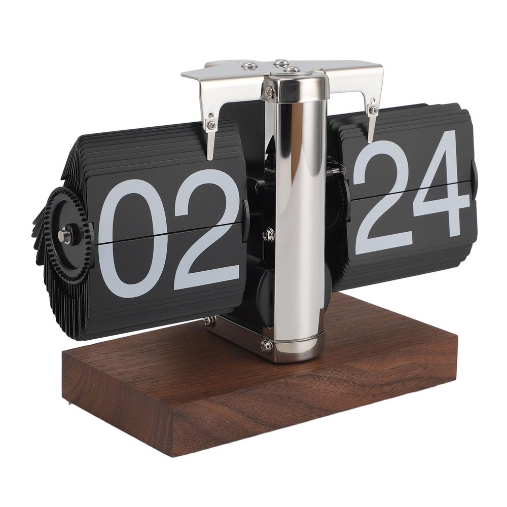 Cyrank Retro Flip Desk Shelf Clock, Wood Base Flip Down Clock Retro Digital Flip Desk Clock Auto Flip Desk Table Clock Mechanical Flip for Home and Office Decoration