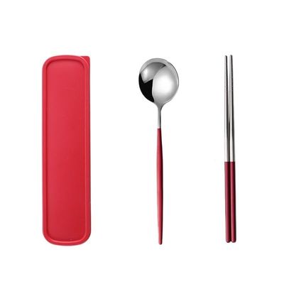 GOODJAYVEN Silverware Flatware Set, Thickened Stainless Steel Cutlery Two-piece Set Portuguese Chopsticks And Spoon Set Student Portable Cutlery Box(Color:Red Silver)
