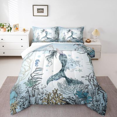 Feelyou Girls Mermaid Comforter Twin Size Ocean Life Sea Animal Comforter Set for Kids Boys Girls Children Fish Scales Bedding Set Microfiber Room Decor Pastel Duvet Set 2Pcs