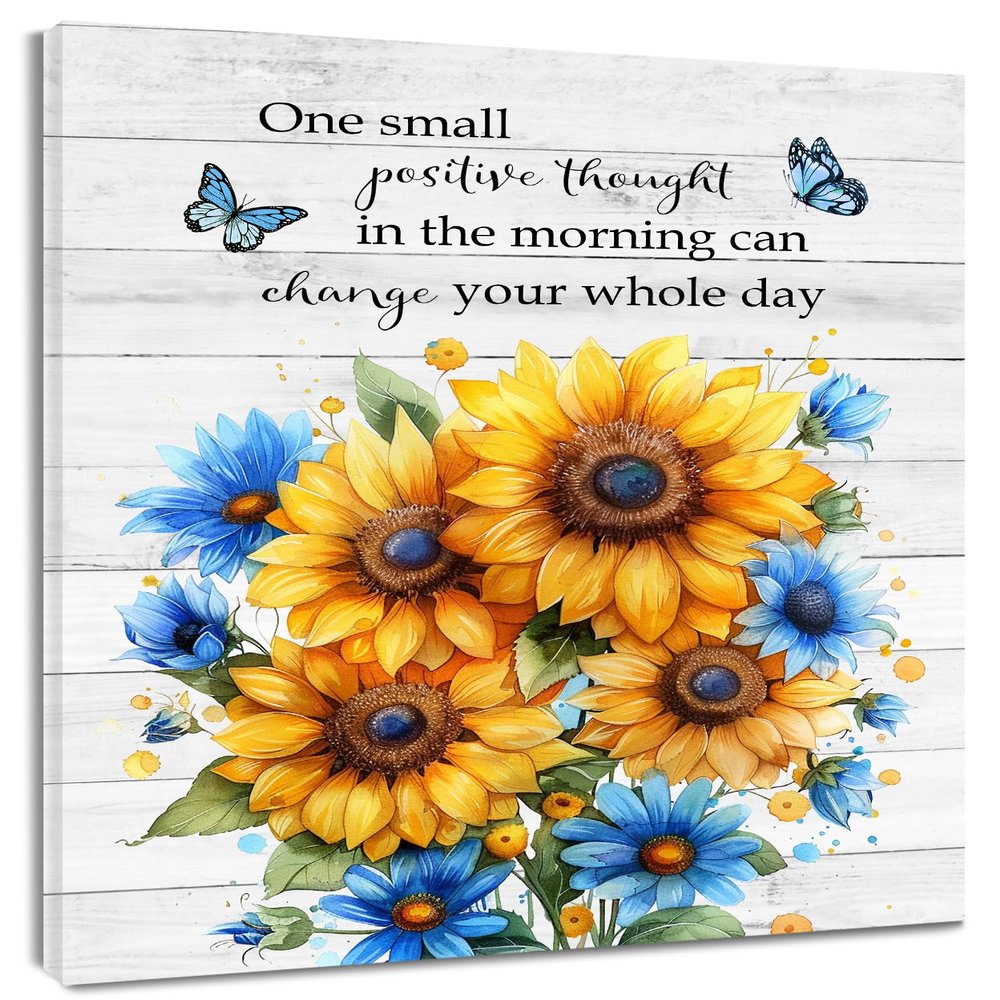 HVEST Blue and Yellow Floral Canvas Wall Art for Living Room Sunflower and Butterfly Inspirational Quotes on Rustic Wood Paintings Wall Decor Flower Framed Wall Art for Bedroom Decor,20L X 16W inches
