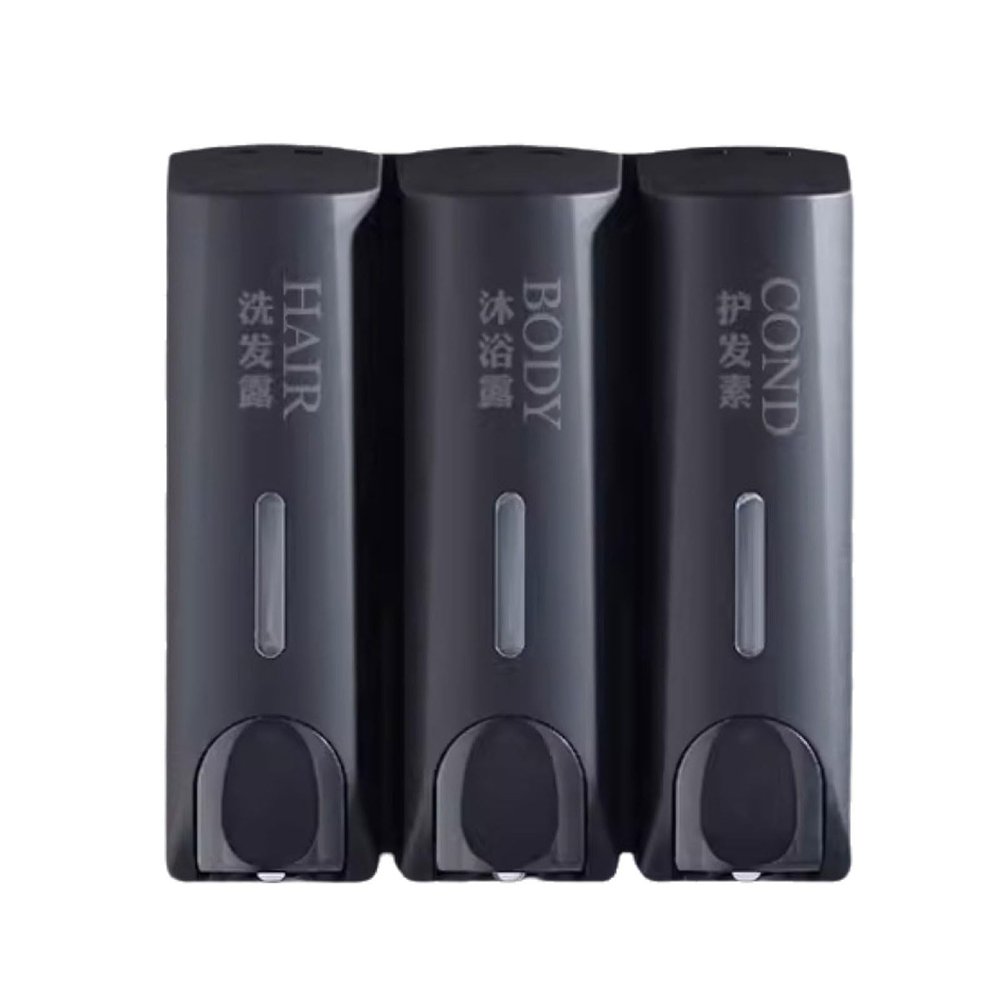 SUREK Plastic Soap Dispenser Wall Mount Shower Dispensers Manual Lotion Dispenser Bottle Black for Bathroom Refillable, 3 Chamber