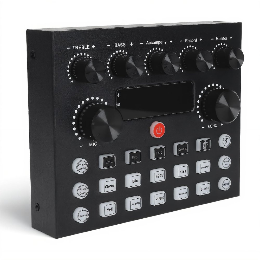 Live Sound Card, Dual Channel Sound Mixer Adjustable Bass Treble, Live Broadcast Sound Card Audio Mixer with Dual Microphone Ports for Streaming