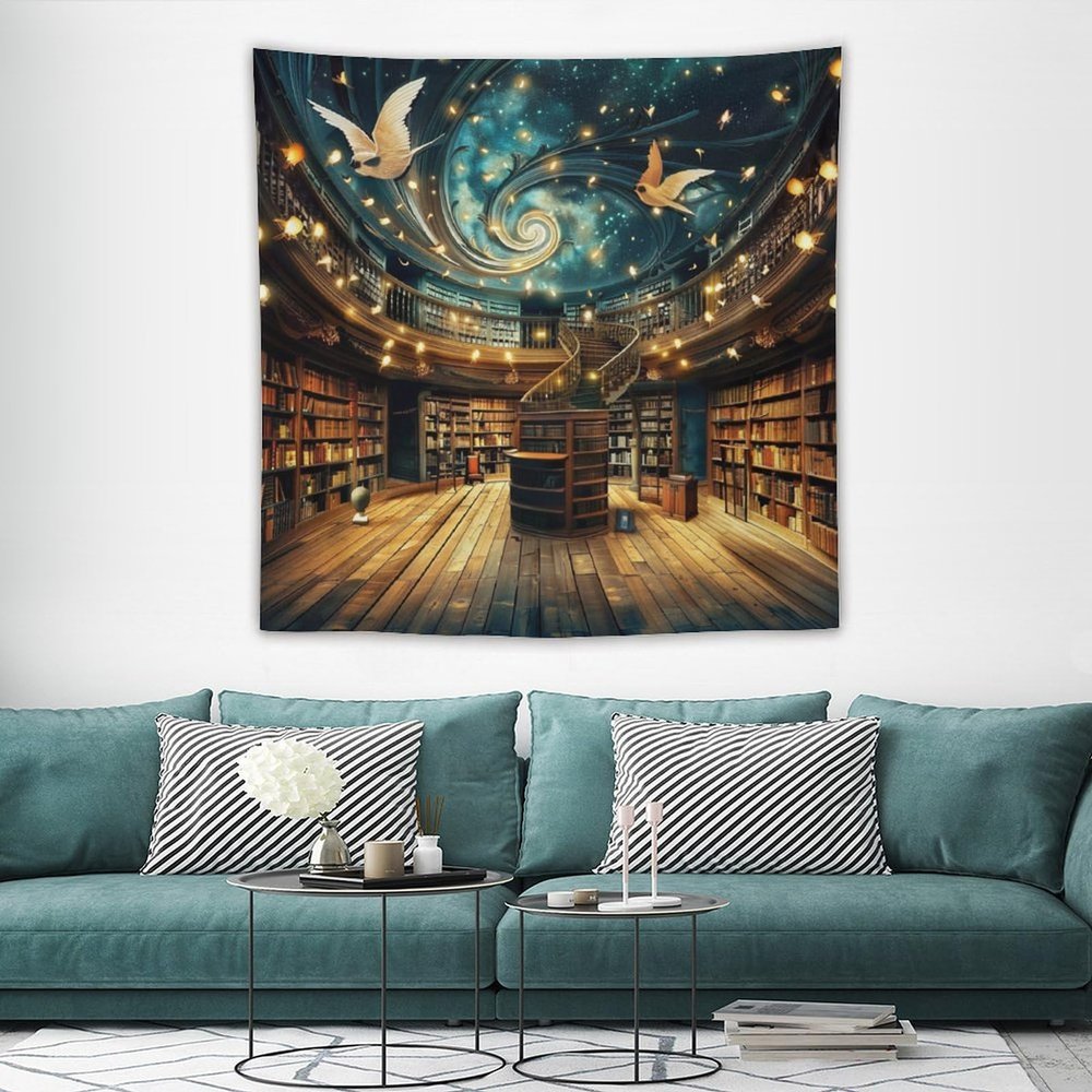 HZOHNAGO Bookshelf Tapestry Magical Library White Dove Flying Starry Sky Pattern Printed Tapestry Wall Hanging for Bedroom Living Room Dorm 60" L x 60" W