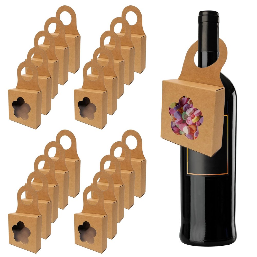 25Pcs Kraft Paper Wine Bottle Box with Window, Hanging Foldable Gift Wine Bottle Boxes, Champagne Bottles Candy Gift Box, Bottle Hanger Favor Box for holding Candy Truffles Chocolate Cookies(Brown)