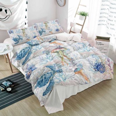 Alandar Home Duvet Cover Sets Blue Sea Turtle Summer Ocean Nautical,3 Piece Bed Set Ultra Soft Quilt Covers and Pillowcases,Coastal Coral Seahorse Microfiber Bedding Set for Bedroom Guest Room Dorm