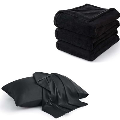 BEDELITE Fleece Blanket 90x90 in & Cooling Pillowcase 20x30IN, Black