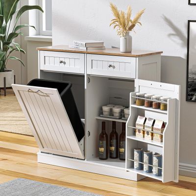AHB 13 Gallon Tilt Out Trash Bin Cabinet with 2 Drawers, Adjustable Shelves,Kitchen Storage Cabinet with Garbage Bin Tilt Out Laundry Hamper for Kitchen, White