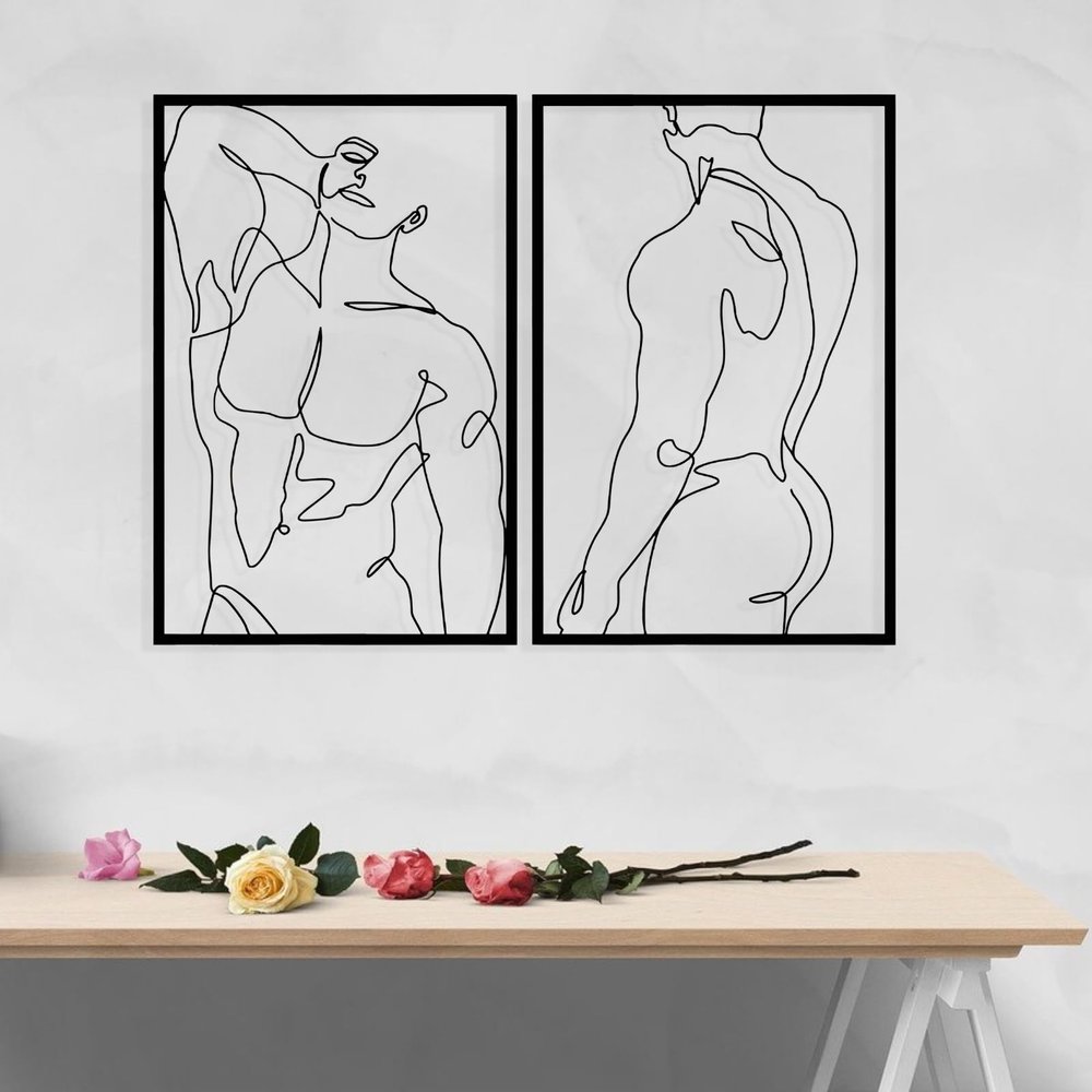 Minimalist Nude Man Wall Decor - Male Body Naked Metal Wall Art Set of 2 (Single 41" x 30"/105x75 cm(set of 2), BLACK)