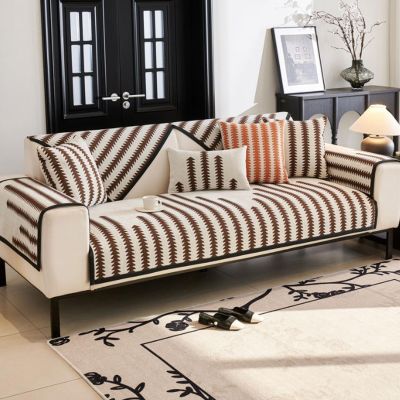 Herringbone Sofa Cushion Covers Chenille Fabric Sofa Covers 1/2/3 Seater Thick Textured Couch Slipcover for Living Room Non Slip Furniture Protector, 70X150cm, Curry