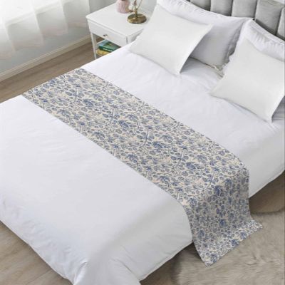 Blue Botanical Bed Runner Scarf Cal King Size,Luxury Bed Throw Runners & Scarves for Twin Full Queen King Foot of Bed,Bedroom Hotel Wedding Room Decoration,Retro Country Floral Flower Leaves 102"x20"