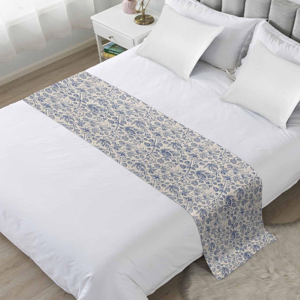 Blue Botanical Bed Runner Scarf Cal King Size,Luxury Bed Throw Runners & Scarves for Twin Full Queen King Foot of Bed,Bedroom Hotel Wedding Room Decoration,Retro Country Floral Flower Leaves 102"x20"