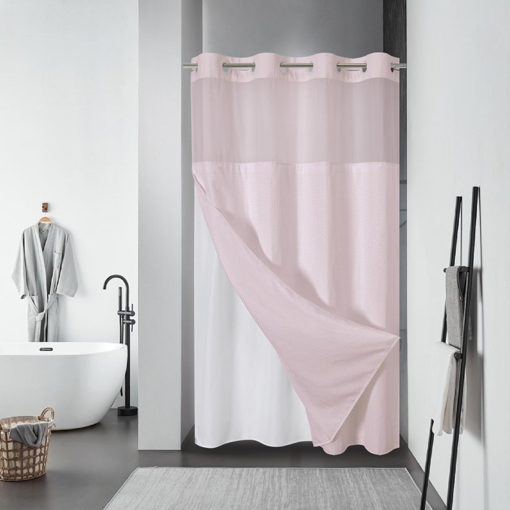 eachope BlushPink No Hook Waffle Weave Shower Curtain with snap-in Liner Replacement, 230GSM Waterproof Fabric Hotel Shower Curtain Set for Bathroom, Through Mesh Top Window,54Wx80H