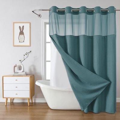 eachope SeawedGreen Long No Hook Waffle Weave Shower Curtain with snap-in Liner Replacement, 230GSM Waterproof Fabric Hotel Shower Curtain Set for Bathroom, Through Mesh Top Window,71Wx80H