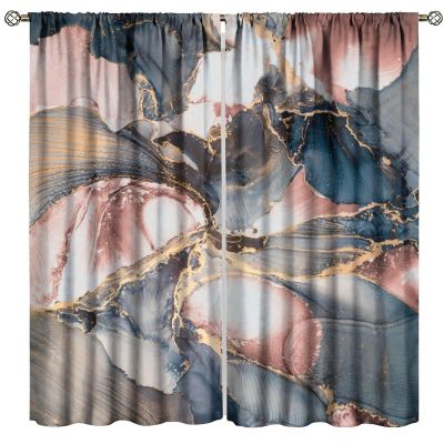 Abstract Marble Curtains, Modern Luxury Dark Blue Pink Rose Gold Marble Texture Geometric Ink Printed Window Curtains for Girls Boys Bedroom Living Room, 52" W X 84" L