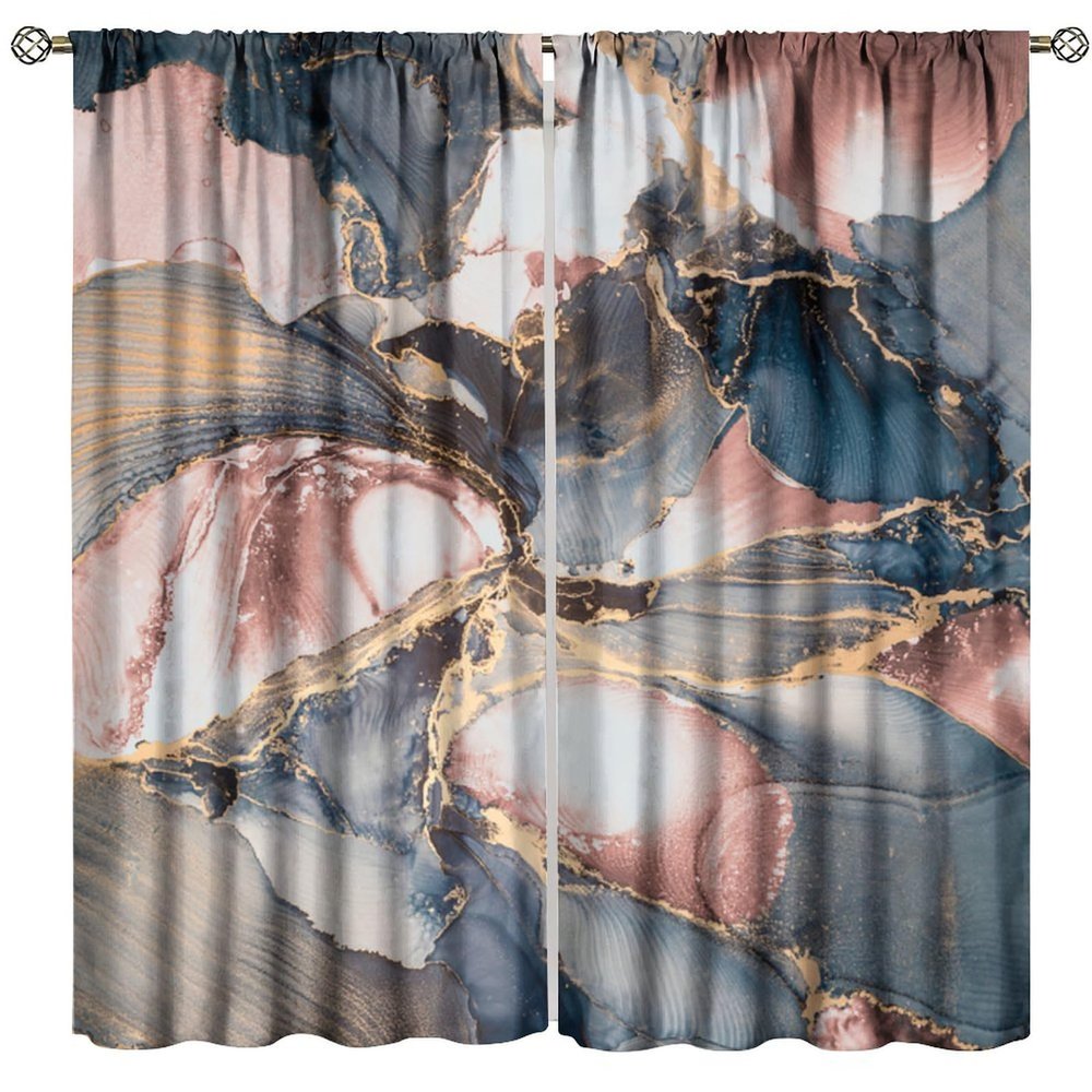 Abstract Marble Curtains, Modern Luxury Dark Blue Pink Rose Gold Marble Texture Geometric Ink Printed Window Curtains for Girls Boys Bedroom Living Room, 52" W X 84" L