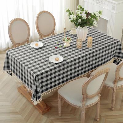 Alsoo Black Checkered Tablecloth Rectangle Cotton Linen Fabric Christmas Gingham Table Cloth Heavy Duty Buffalo Plaid Table Cover with Tassel Wrinkle Free for Kitchen Dining, 55X120''