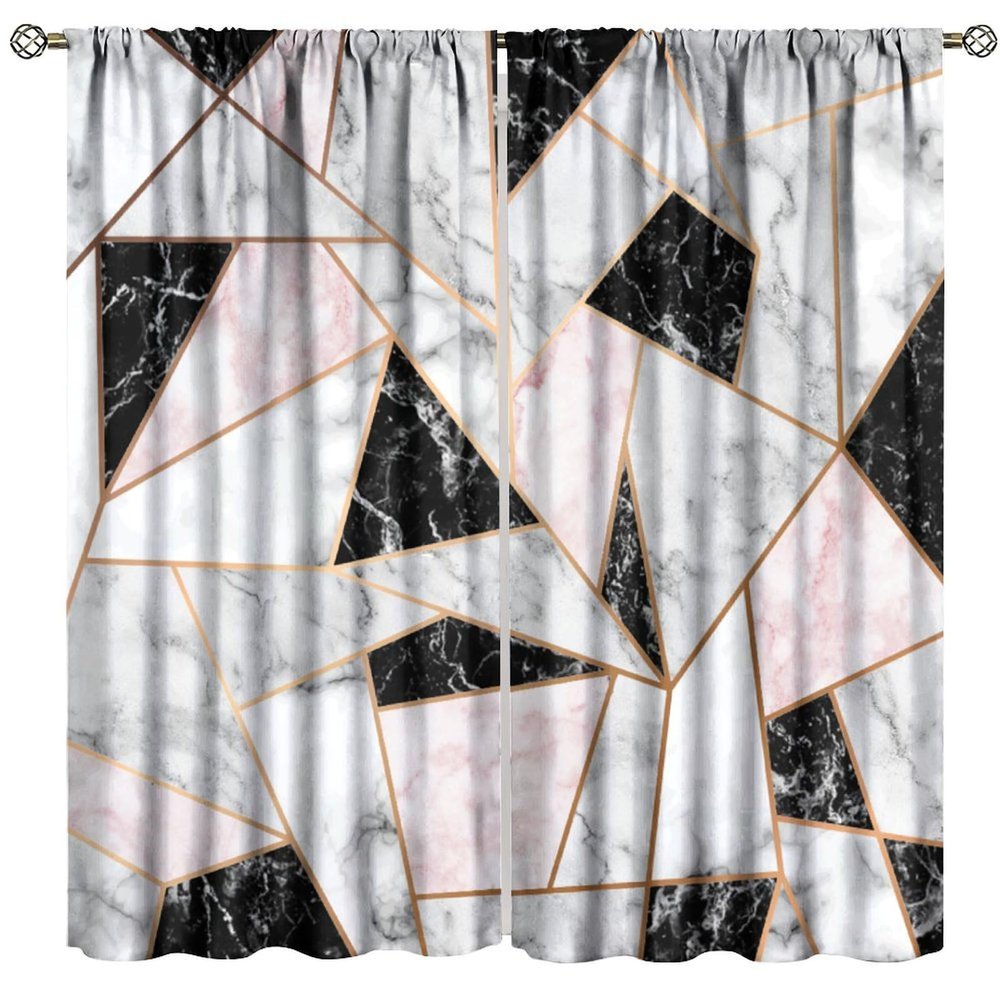 Abstract Marble Curtains, Pink Gray Black Geometric Marble Golden Line Art Stone Cracked Stripe Print Window Drapes for Living Room Girls Women Bedroom, 42" W X 63" L