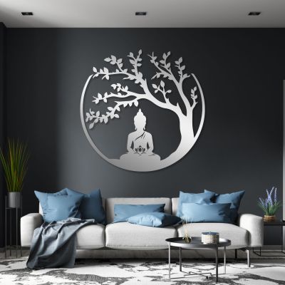 Idadey Tree of Life and Buddha Metal Wall Decor, Meditation Hindu Wall Decor, Zen Metal Wall Art, Yoga Studio & Spiritual Spaces (Silver, 28"x28")