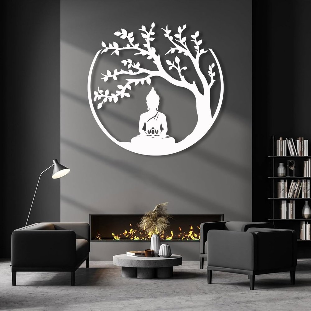 Idadey Tree of Life and Buddha Metal Wall Decor, Meditation Hindu Wall Decor, Zen Metal Wall Art, Yoga Studio & Spiritual Spaces (White, 18"x18")