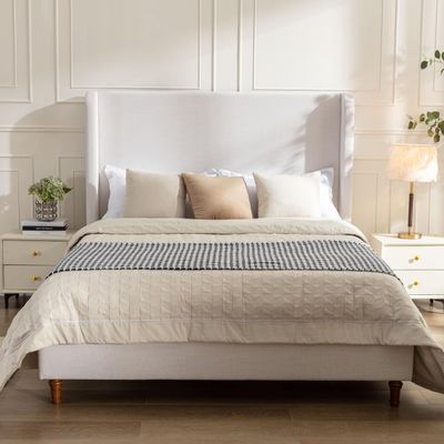 GDFStudio Tall Headboard Upholstered Bed,Queen Size Platform Bed Frame with Headboard Wingback,54" High No Box Spring Needed Easy Assembly Elegant Simplicity Textured Ivory Canvas