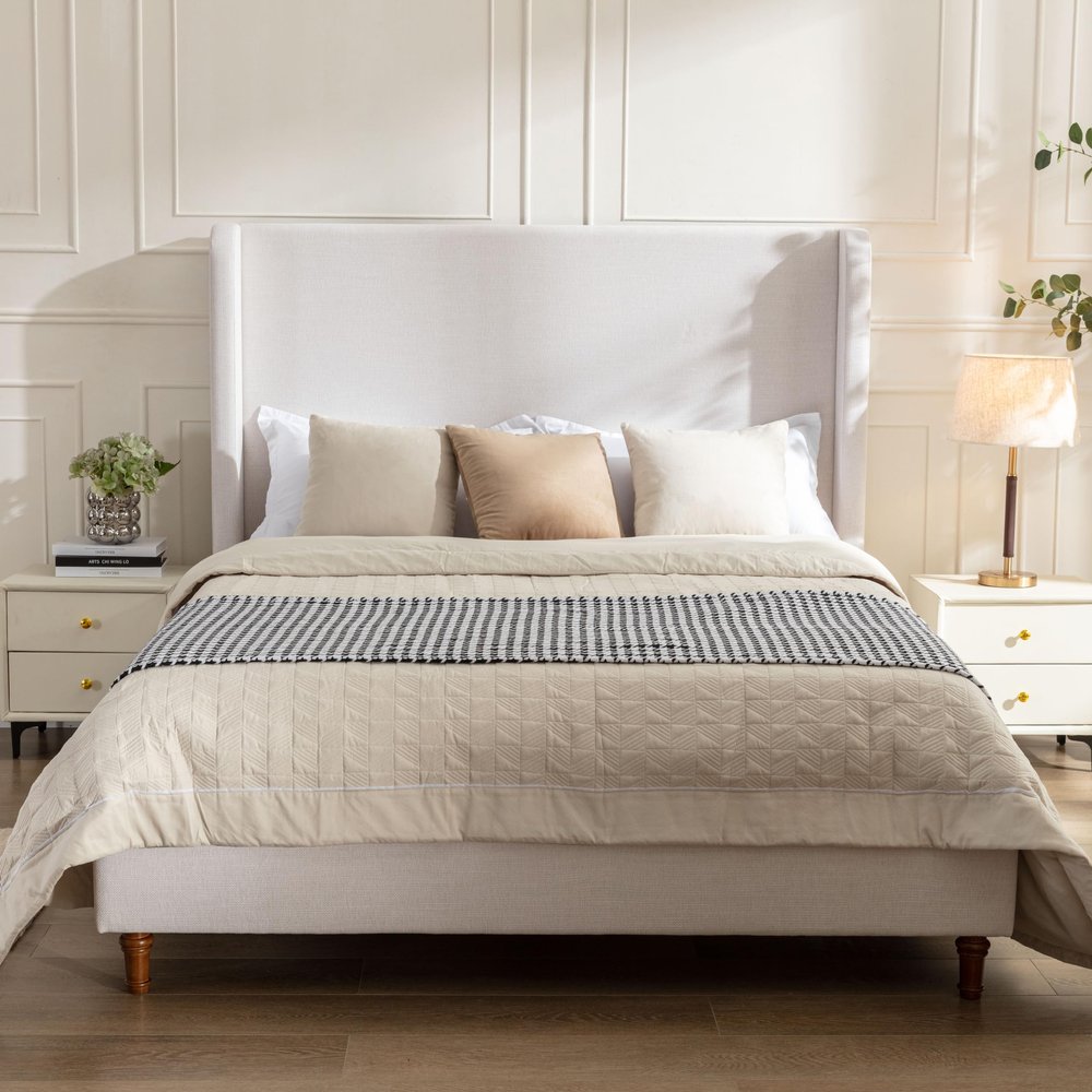 GDFStudio Tall Headboard Upholstered Bed,Queen Size Platform Bed Frame with Headboard Wingback,54" High No Box Spring Needed Easy Assembly Elegant Simplicity Textured Ivory Canvas