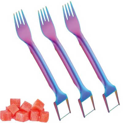 BIUBABIU 2-in-1 Stainless Steel Fruit Cutter, Watermelon Cutter Slicer Tool, Upgrade Foldable Watermelon Fork Slicer Cutter, Dual Head Fruit Forks Slicer Knife (C-Colorful, 3pcs)