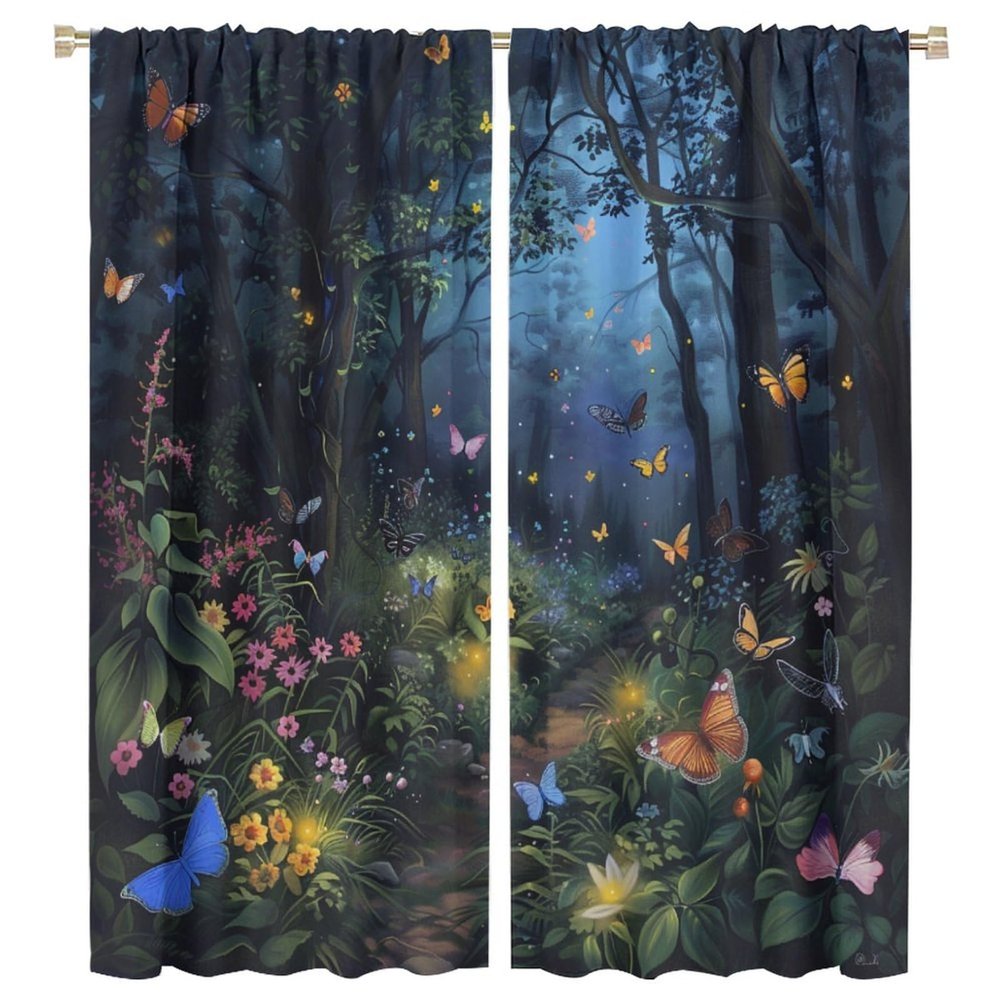 TOWINSFB Nature Garden Butterfly Blackout Curtains for Bedroom Living Room, Fantasy Forest Flower Tree Curtains Rod Pocket Thermal Insulated Window Drapes, 2 Panels/Each 21" W x 45" L