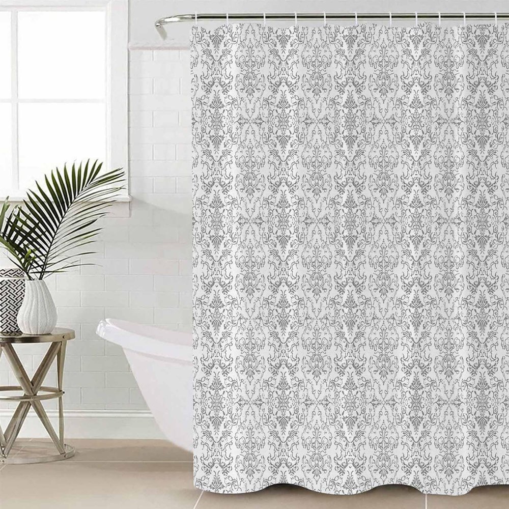 Anzona Grey Boho Geometric Waterproof Shower Curtains Set - Standard 60 x 72 Inch, Vintage Ethnic Tribe Floral Polyester Fabric Bathroom Curtain with 12 Hooks, Bathroom Accessories, 1 Panel