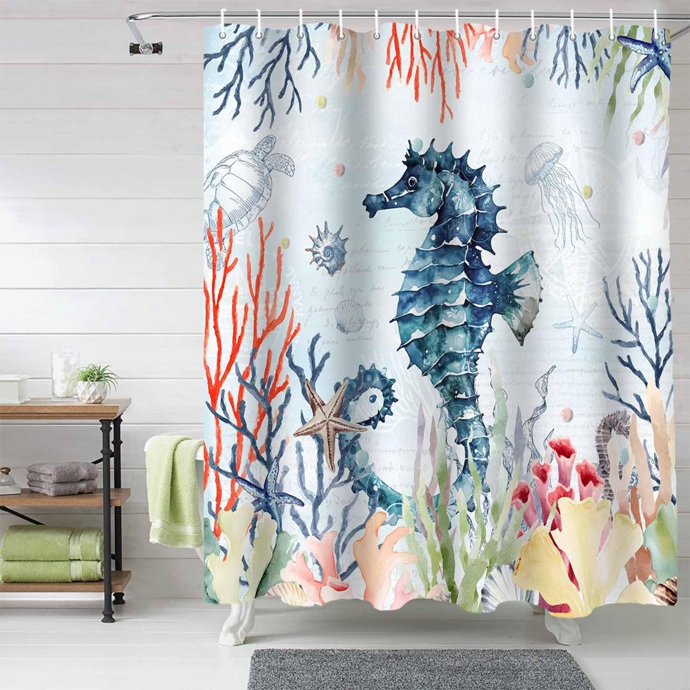 Anzona Blue Seahorse Coastal Waterproof Shower Curtains Set - Stall 48 x 72 Inch, Summer Nautical Coral Conch Polyester Fabric Bathroom Curtain with 12 Hooks, Bathroom Accessories, 1 Panel