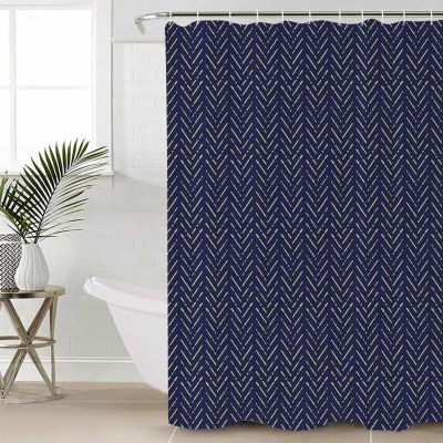 Anzona Boho Navy Blue Gold Striped Waterproof Shower Curtains Set - Stall 54 x 78 Inch, Modern Retro Geometric Polyester Fabric Bathroom Curtain with 12 Hooks, Bathroom Accessories, 1 Panel