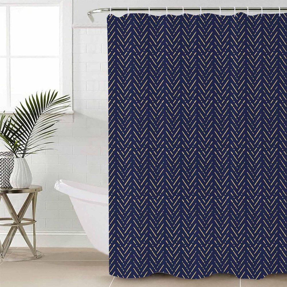 Anzona Boho Navy Blue Gold Striped Waterproof Shower Curtains Set - Stall 54 x 78 Inch, Modern Retro Geometric Polyester Fabric Bathroom Curtain with 12 Hooks, Bathroom Accessories, 1 Panel