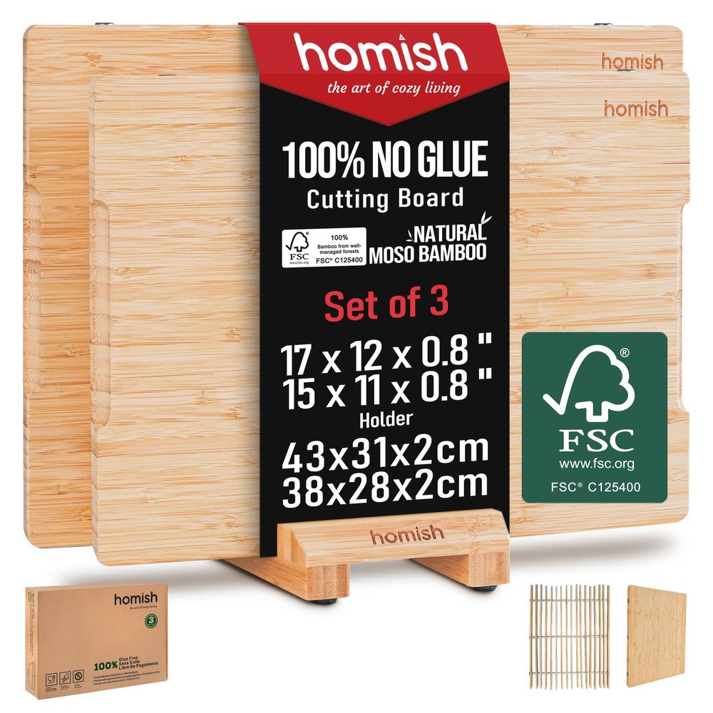Bamboo Cutting Boards Set with Stand - 3 Piece Charcuterie Board & Butcher Block with Handle, Truly Glue Free, Non Toxic Wood Chopping Serving Boards for Kitchen Gift Set by Homish