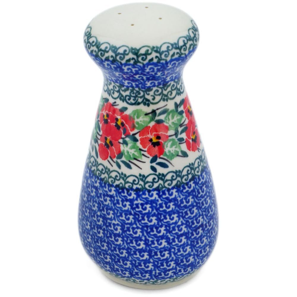 Polmedia Polish Pottery Pepper Shaker - Red Pansy Pattern Handmade in Boleslawiec Poland by Ceramika Artystyczna + Certificate of Authenticity