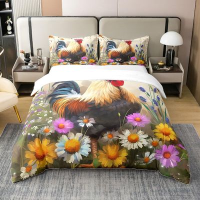 Farmhouse Chicken 100% Cotton Comforter Cover Twin Watercolor Daisy Duvet Cover for Kids Boys Girls Rustic Village Style Quilt Cover Wild Animal Bedding Set with 1 Pillowcase(No Comforter)