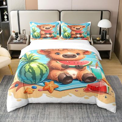 Cartoon Cattle Bedding Set Full Size Tropical Watermelon 100% Cotton Duvet Cover for Boys Girls Cute Highland Cow Bed Set Summer Beach Comforter Cover with 2 Pillowcases Soft(Not Comforter)