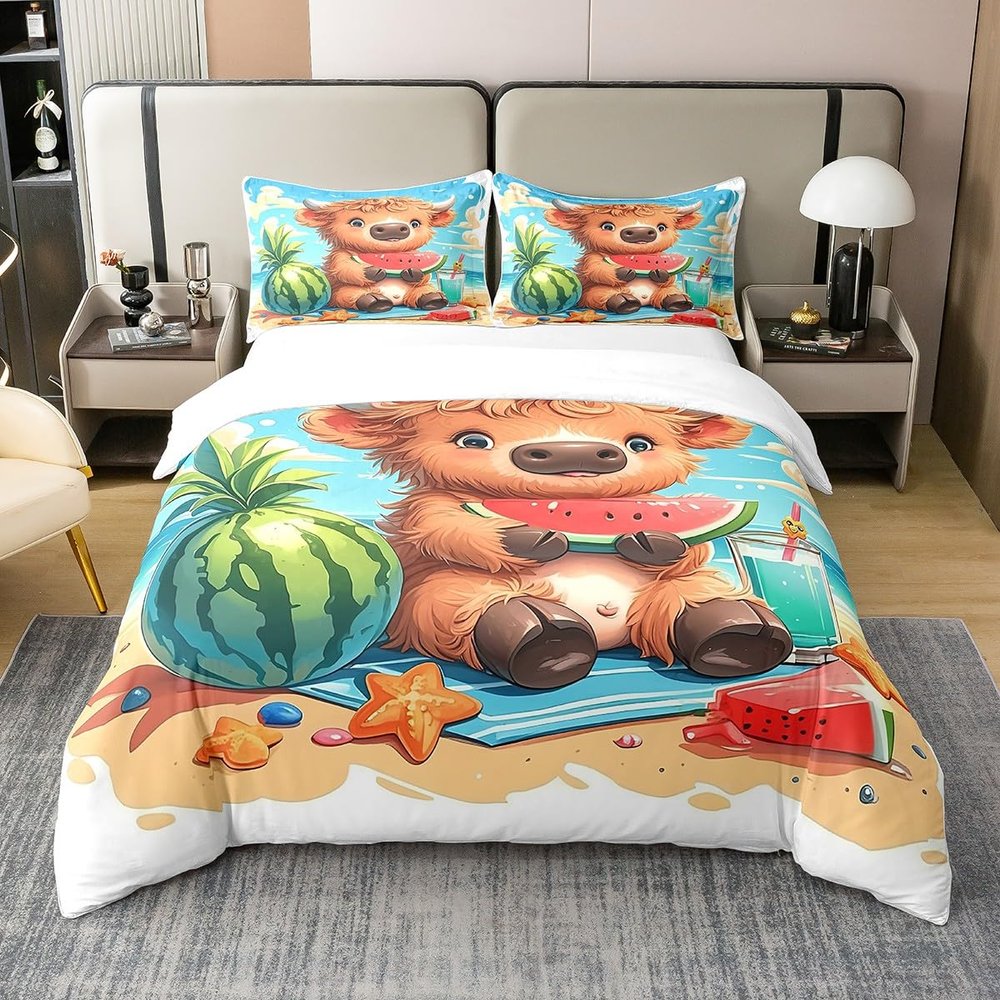Cartoon Cattle Bedding Set Full Size Tropical Watermelon 100% Cotton Duvet Cover for Boys Girls Cute Highland Cow Bed Set Summer Beach Comforter Cover with 2 Pillowcases Soft(Not Comforter)