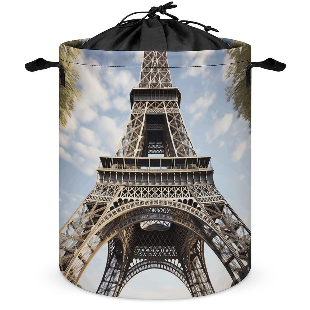Round Laundry Basket with Handles Personalized Laundry Hamper for Bedroom Eiffel Tower French Paris Monument Circular Laundry Lightweight Waterproof Storage Basket Dirty Clothes Hamper for Bathroom Do
