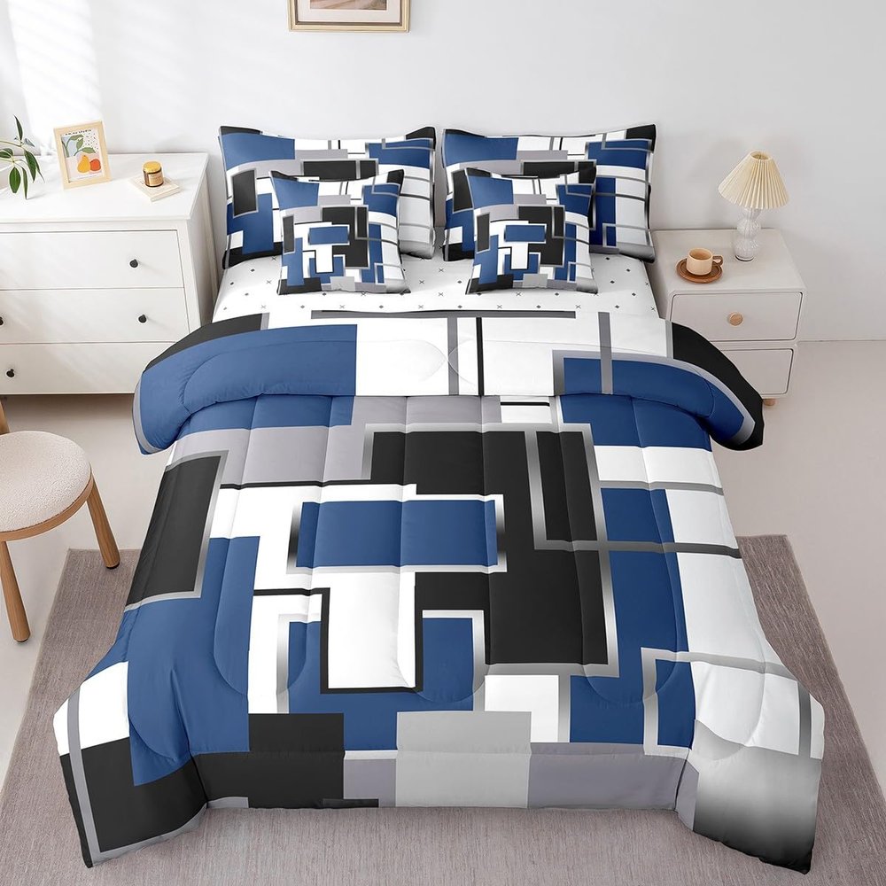 Erosebridal 7 Piece Geometric Bed in A Bag Full Size Bedding Set, Modern Striped Square Bedding Set, Minimalist Reversible Bed Sets with Sheet Set, Blue Black White