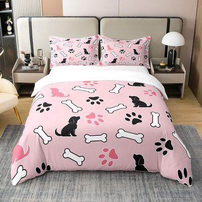 Castle Fairy Cartoon Dog Bones Duvet Cover Dogs Sillhoutte Bedding Set for Kids Teens Room Decor Cute Paw Print Comforter Cover Pet Animal Pink Quilt Cover Queen Size,2 Pillowcases,No Comforter