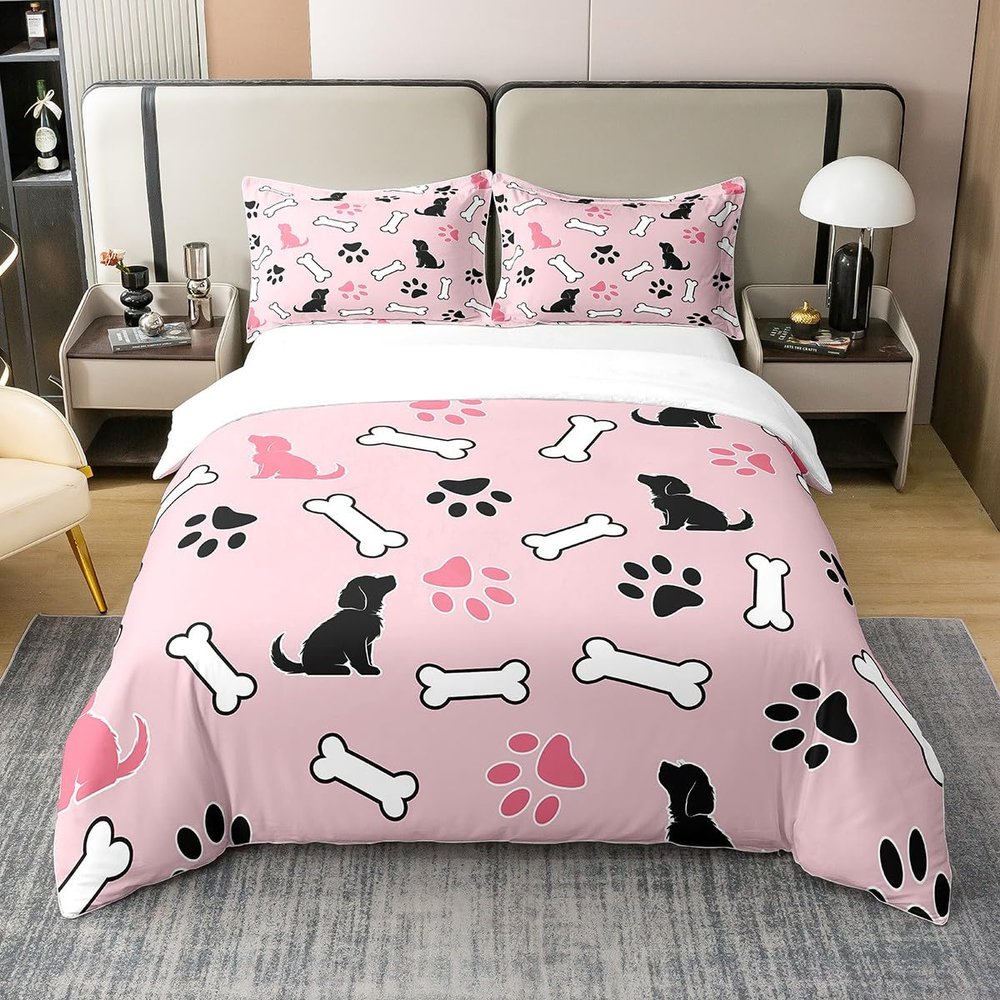 Castle Fairy Cartoon Dog Bones Duvet Cover Dogs Sillhoutte Bedding Set for Kids Teens Room Decor Cute Paw Print Comforter Cover Pet Animal Pink Quilt Cover Queen Size,2 Pillowcases,No Comforter