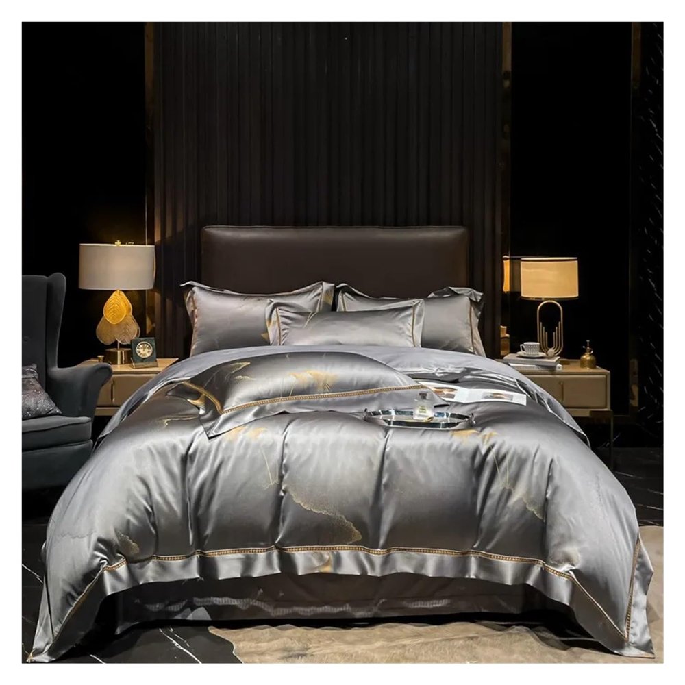 GLAMDIA Bed, Green 4Pcs Double Queen Yarn-Dyed Satin Jacquard Shiny Luxury Bedding Set Cotton Satin Silky Smooth Duvet Cover Bed Sheet Pillowcases, MM-102