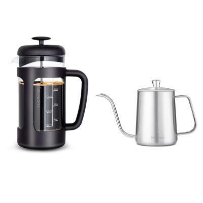 Easyworkz French Press 34 oz, Bundled Gage Gooseneck Pour Over Coffee Kettle 12 oz Stainless Steel Hand Drip Long Narrow Spout, Silver